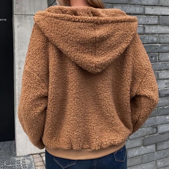 Brown Zip Teddy Jacket in S, M, and L - Picture 2 of 3